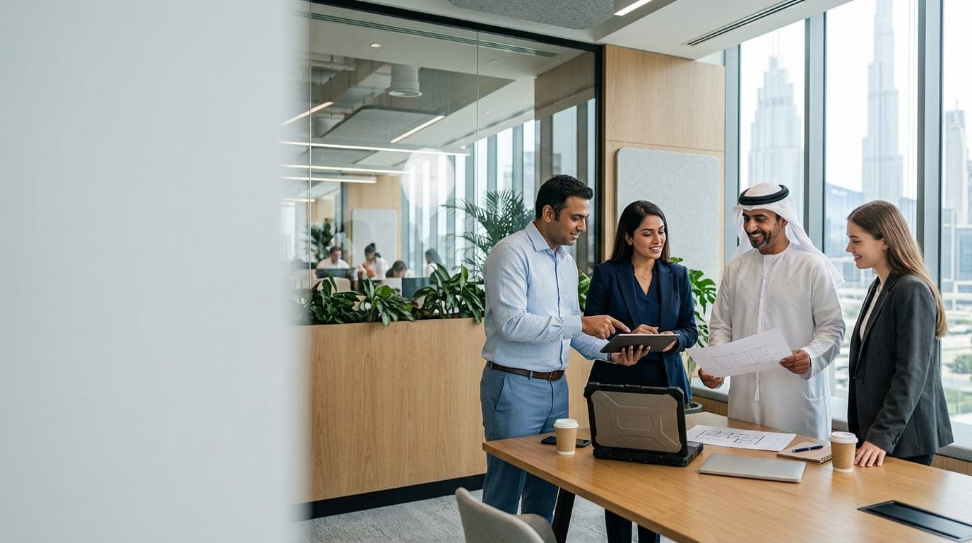 Diverse professional team collaborating in modern office